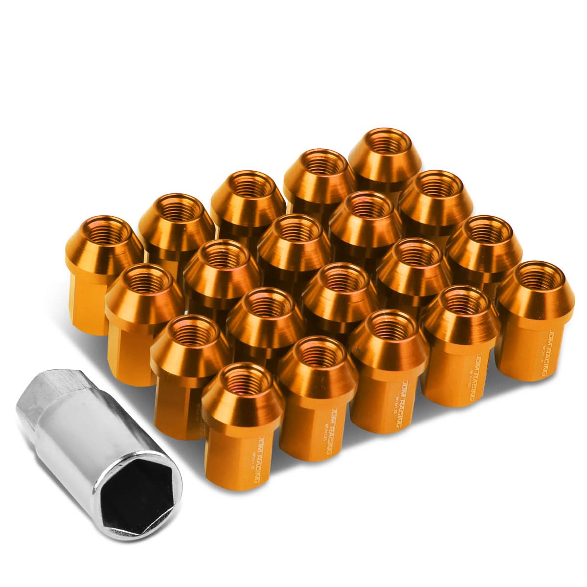 M12x1.25 Acorn Style Lug Nuts 35mm Tall 20pc Set Orange Aluminum