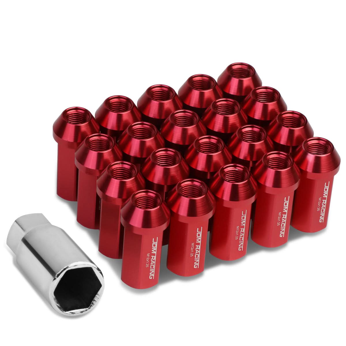 M12 x 1.25 Extended Acorn Lug Nuts 20pc Set - Aluminum Red