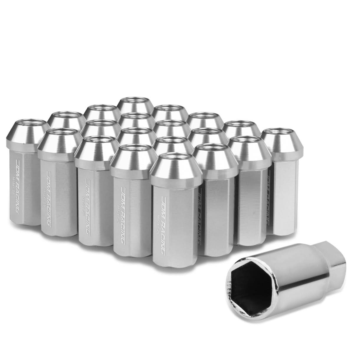 Aluminum Lug Nuts M12 x 1.25 Acorn Extended 50mm 20pc w/ Adapter Silver
