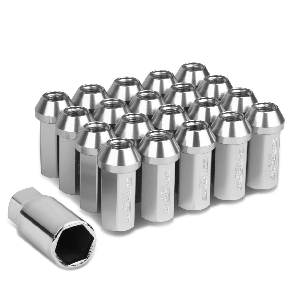 Aluminum Lug Nuts M12 x 1.25 Acorn Extended 50mm 20pc w/ Adapter Silver