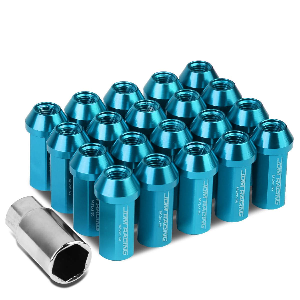 M12 x 1.5 Aluminum Acorn Lug Nuts 50mm Extended Closed End Light Blue 20pc