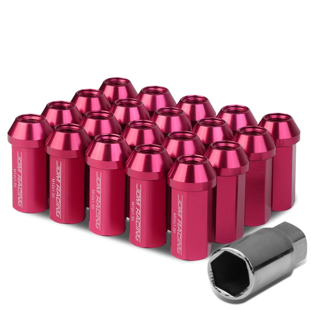 M12 x 1.5 Extended Acorn Lug Nuts 50mm Pink Aluminum 20pc Set
