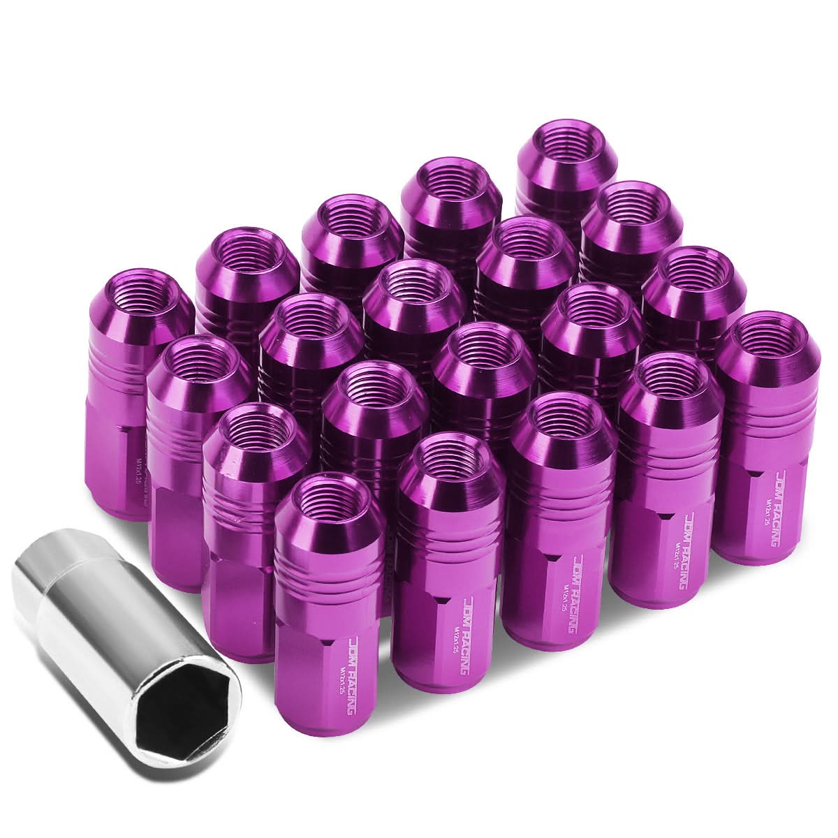 M12 x 1.25 Extended Closed End Lug Nuts 50mm Purple Aluminum 20pc