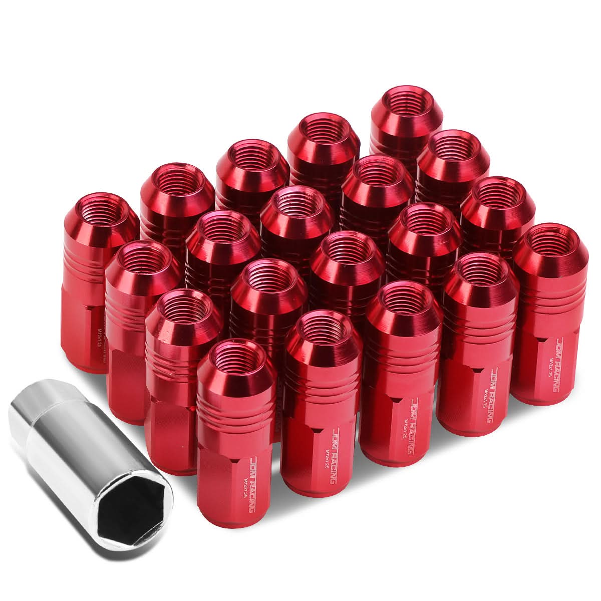 M12 x 1.25 Extended Grooved Shank Lug Nuts 50mm Red Aluminum 20pc