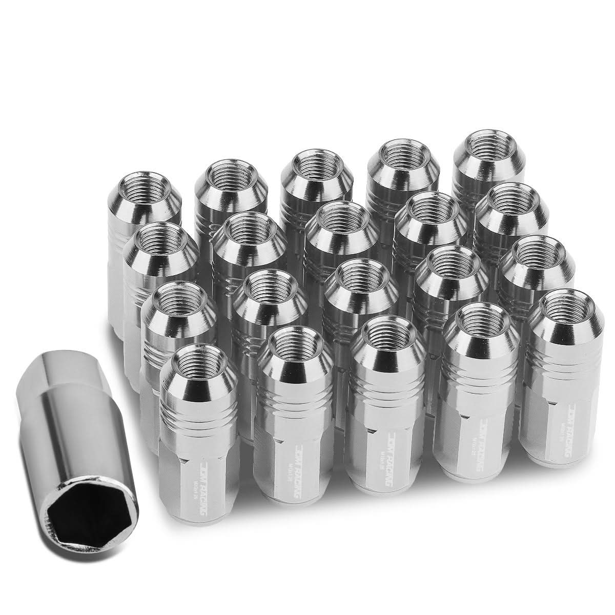 M12 x 1.25 Aluminum Lug Nuts - Grooved Shank Extended 50mm 20pc Silver