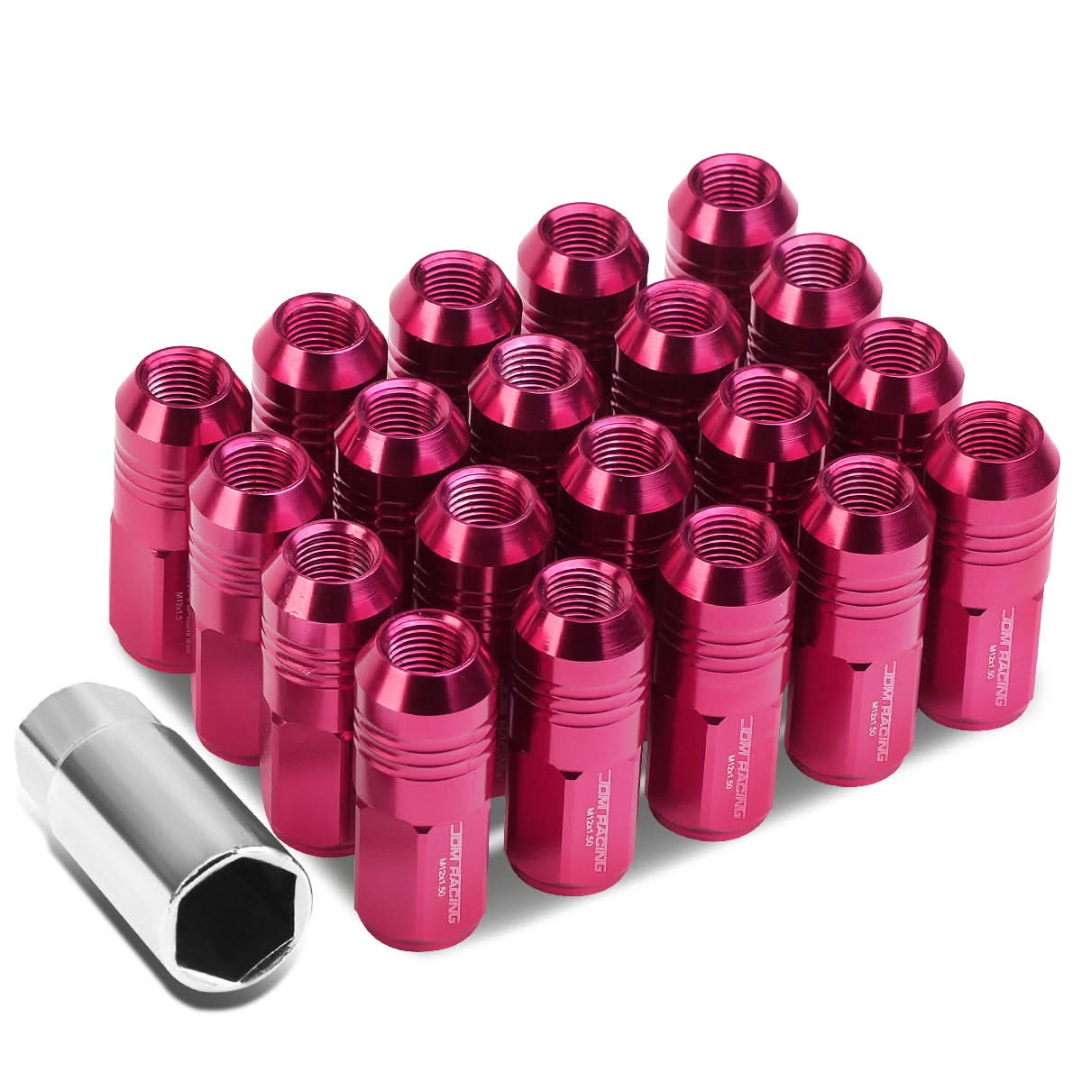 M12 x 1.5 Extended Closed End Lug Nuts 50mm Pink Aluminum 20pc Set