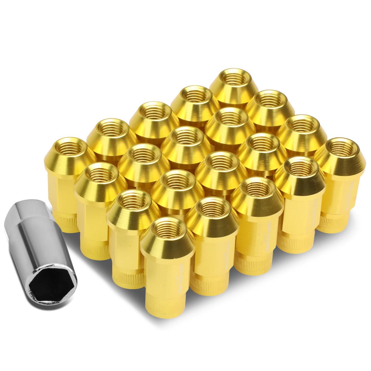 M12x1.25 Aluminum Lug Nuts - Acorn Knurled Extended Style - Gold 20pc