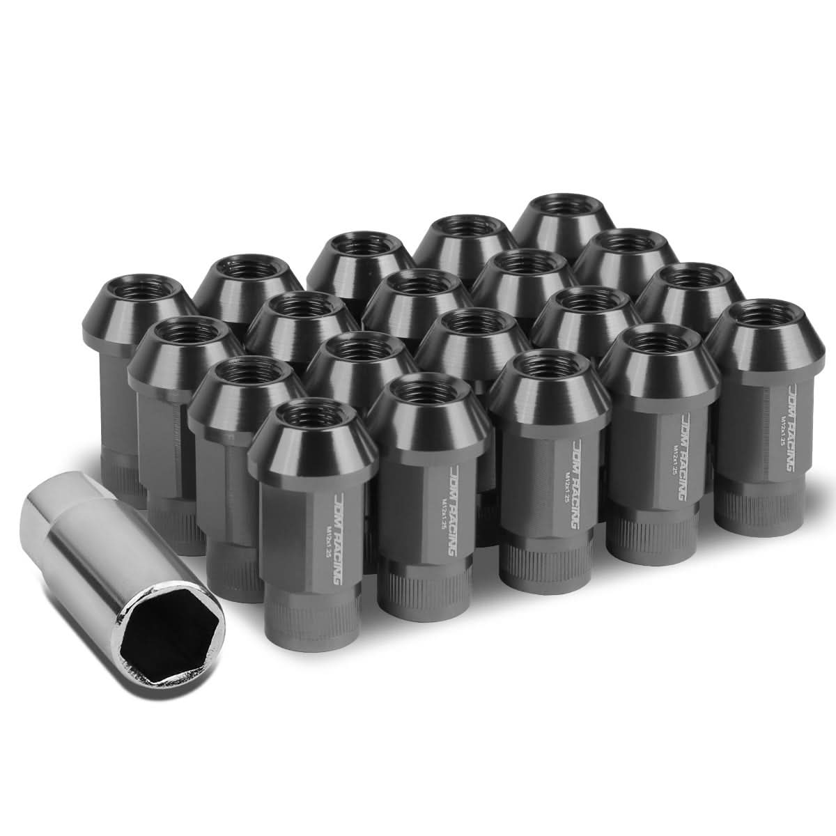 M12x1.25 Aluminum Acorn Knurled Extended Lug Nuts 20pc Gun Metal
