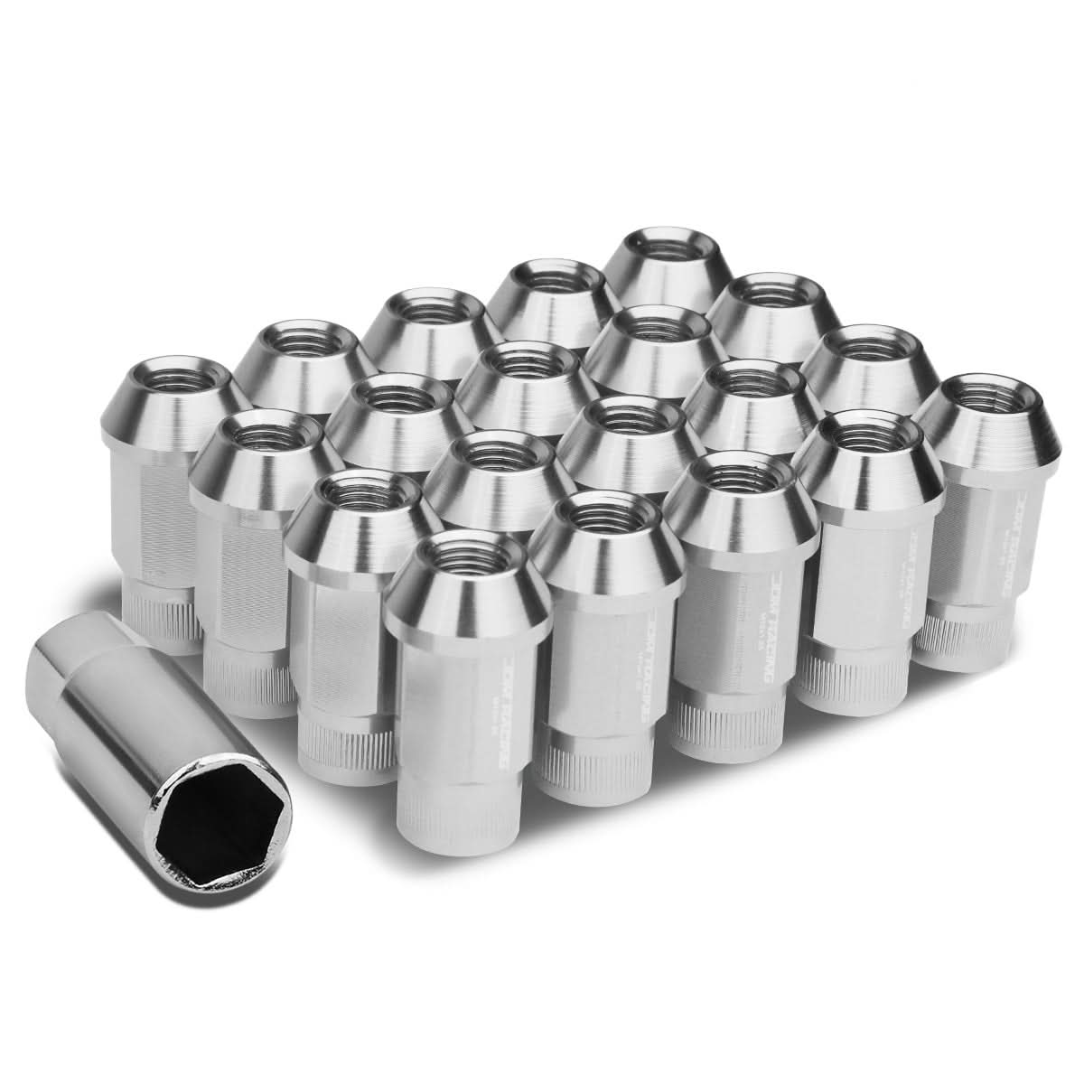 M12x1.25 Aluminum Lug Nuts - Acorn Knurled Extended 44mm 20pc Silver
