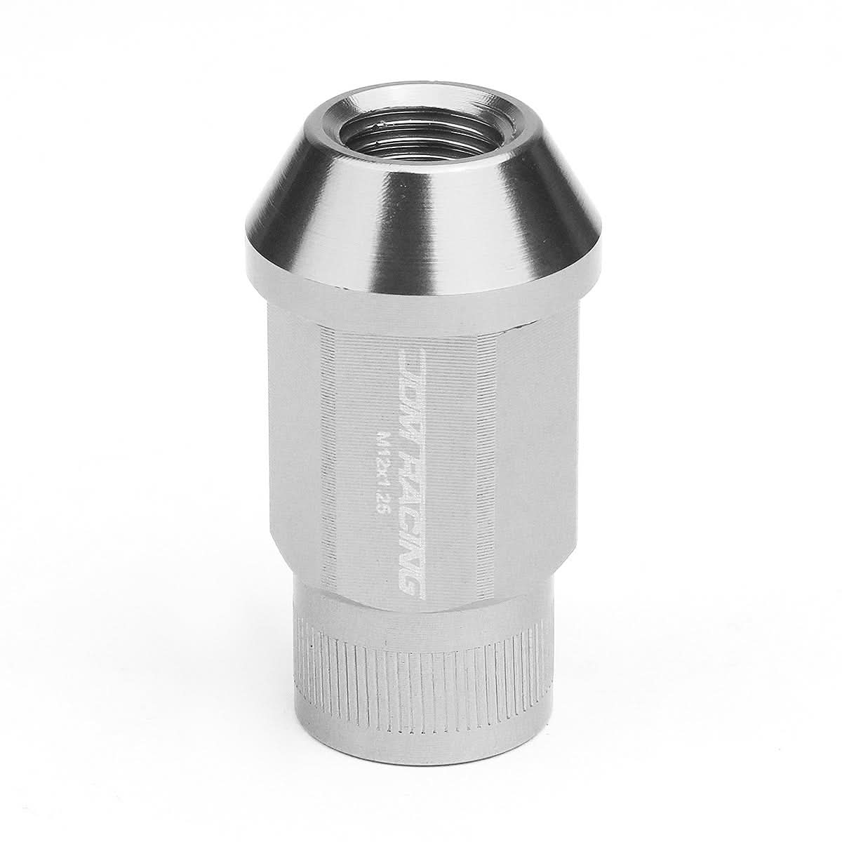 M12x1.25 Aluminum Lug Nuts - Acorn Knurled Extended 44mm 20pc Silver
