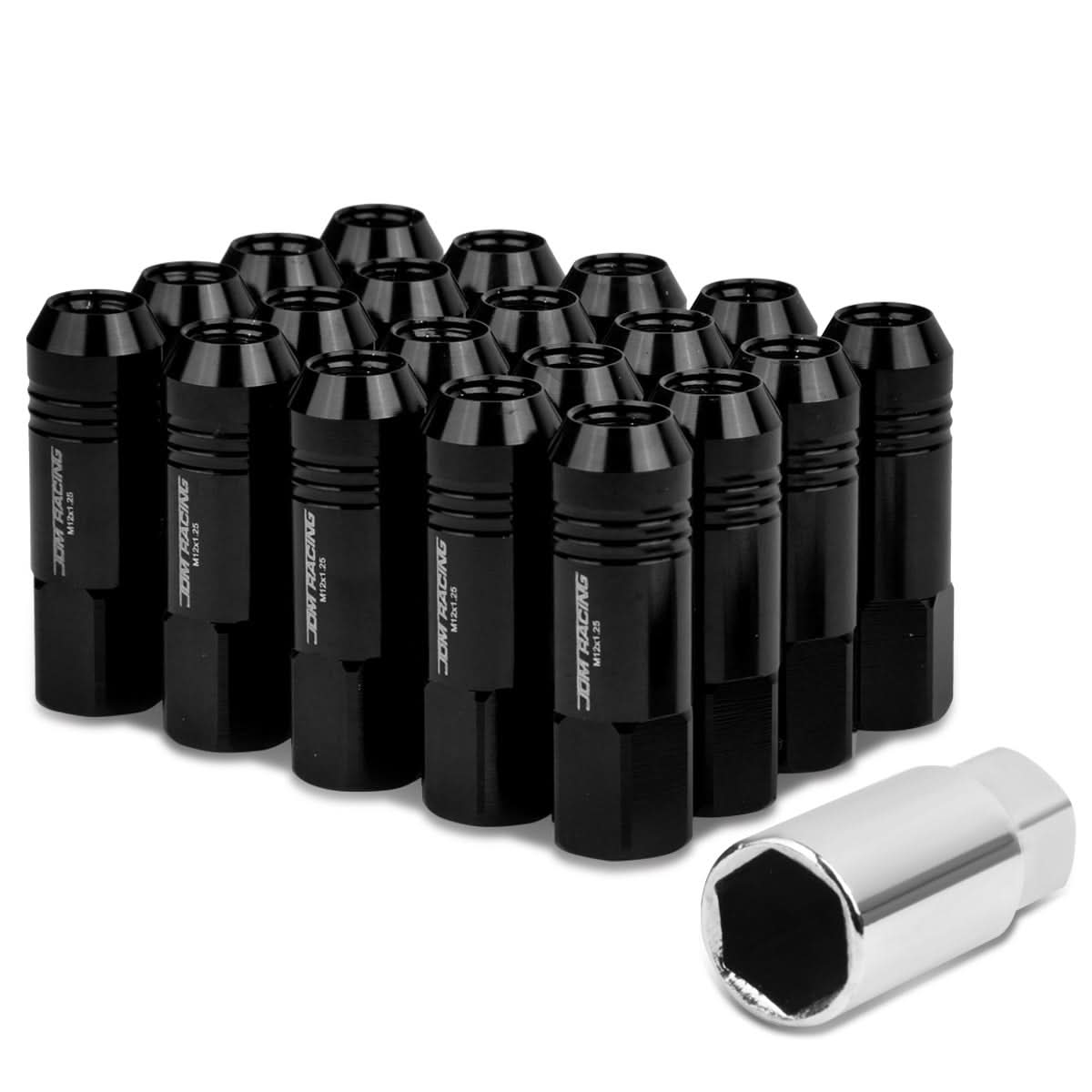 M12 x 1.25 Extended Rib Shank Lug Nuts 20pc Set Black Aluminum