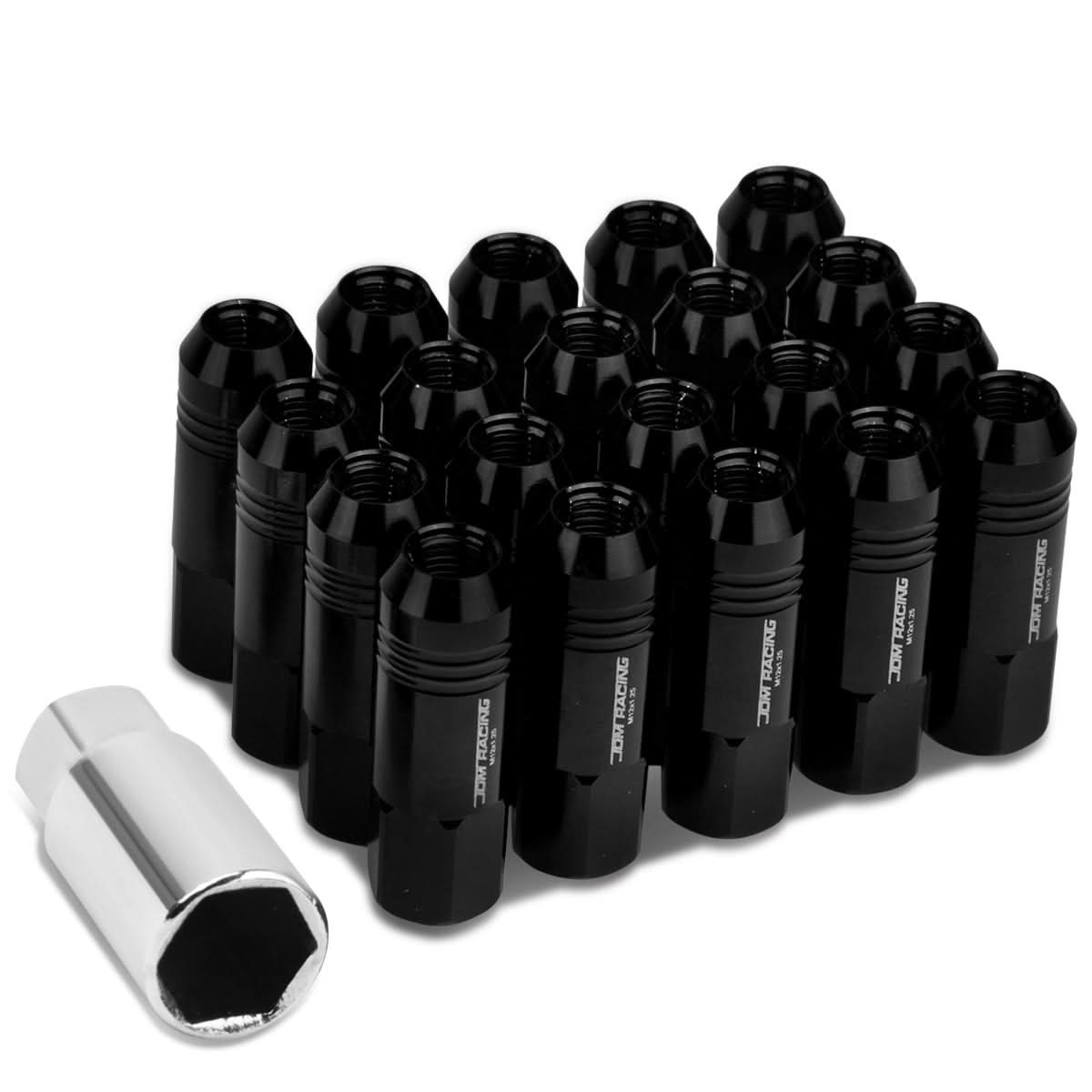M12 x 1.25 Extended Rib Shank Lug Nuts 20pc Set Black Aluminum