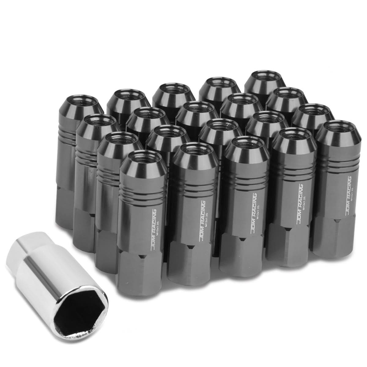M12 x 1.25 Extended Rib Shank Lug Nuts 60mm Gun Metal Aluminum 20pc