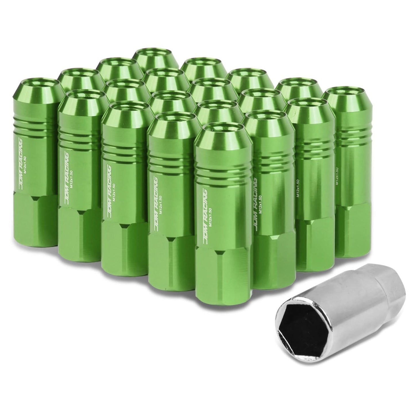 M12 x 1.5 Extended Aluminum Lug Nuts 60mm Tall Open End 20pc Green