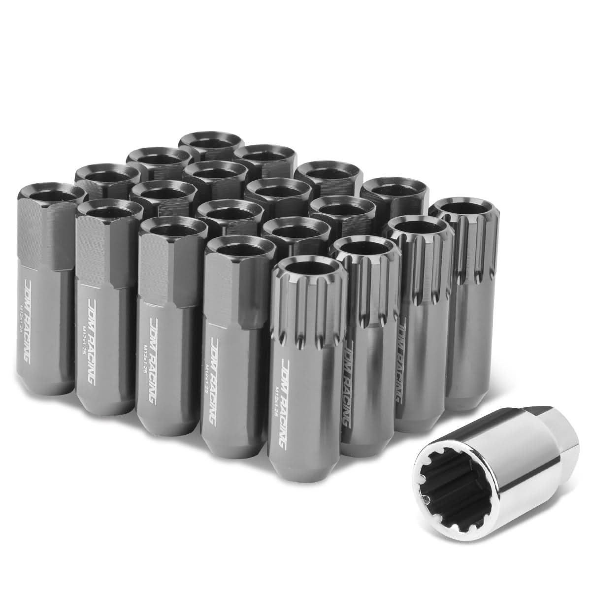 M12 x 1.25 Extended Lug Nuts with Locks 16pc Set Aluminum Gun Metal