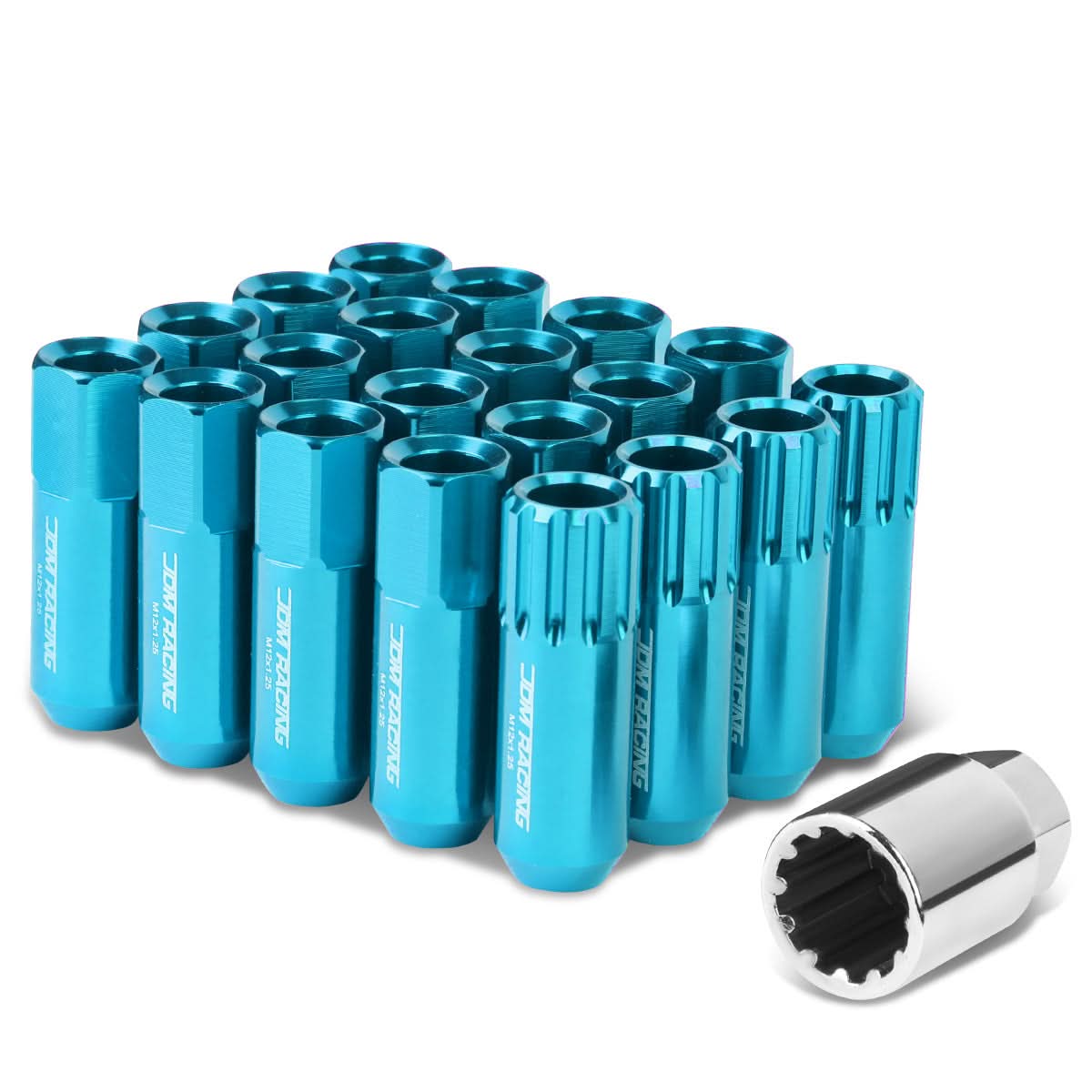 M12 x 1.25 Extended Aluminum Lug Nuts 16pc + 4 Locks Light Blue