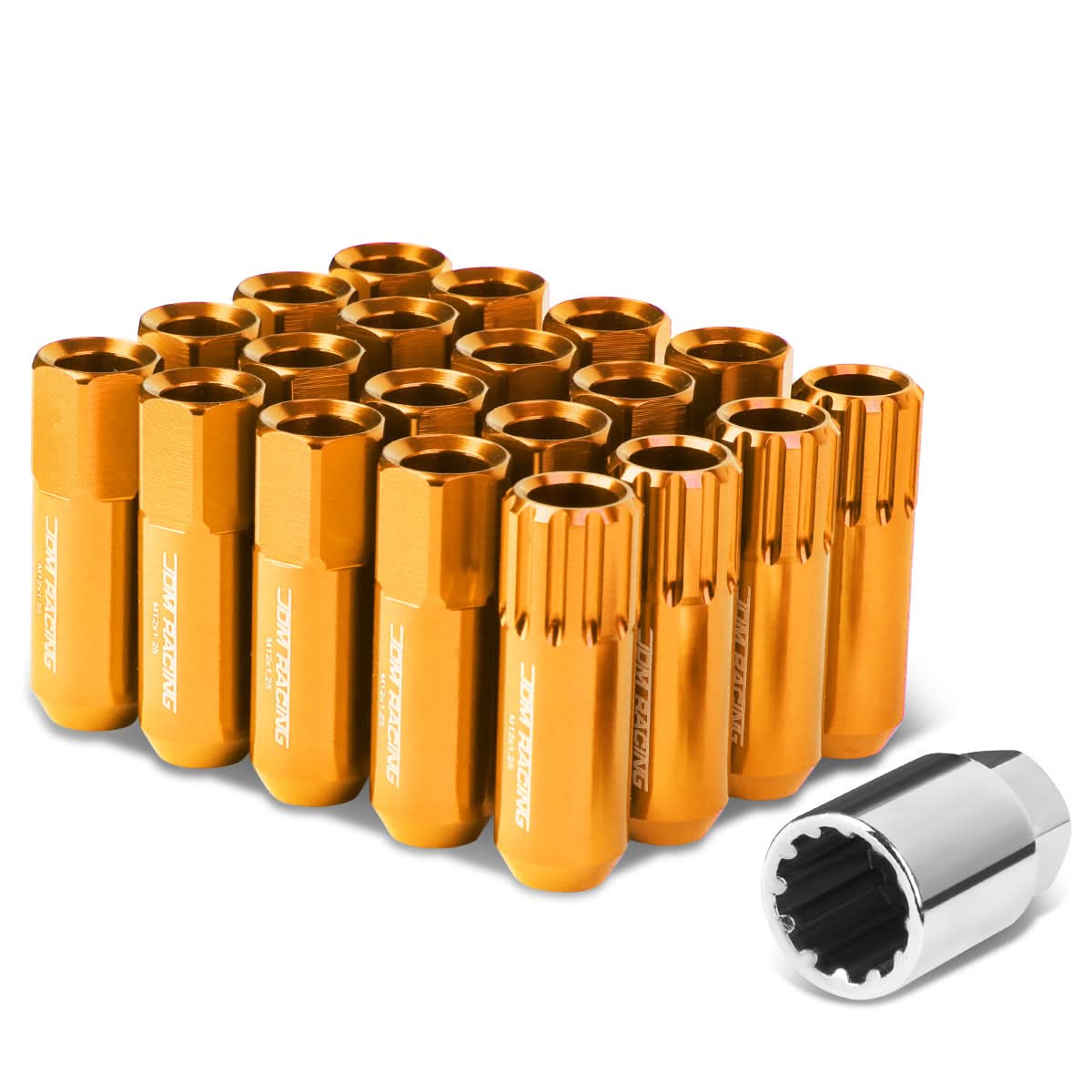 M12 x 1.25 Extended Aluminum Lug Nuts with Locks - Orange 16pc Set