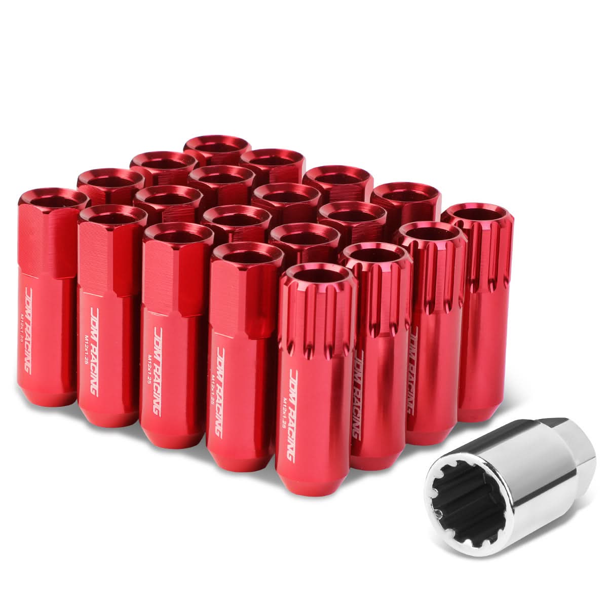 M12 x 1.25 Extended Aluminum Lug Nuts 60mm Red 16pc + 4 Locks