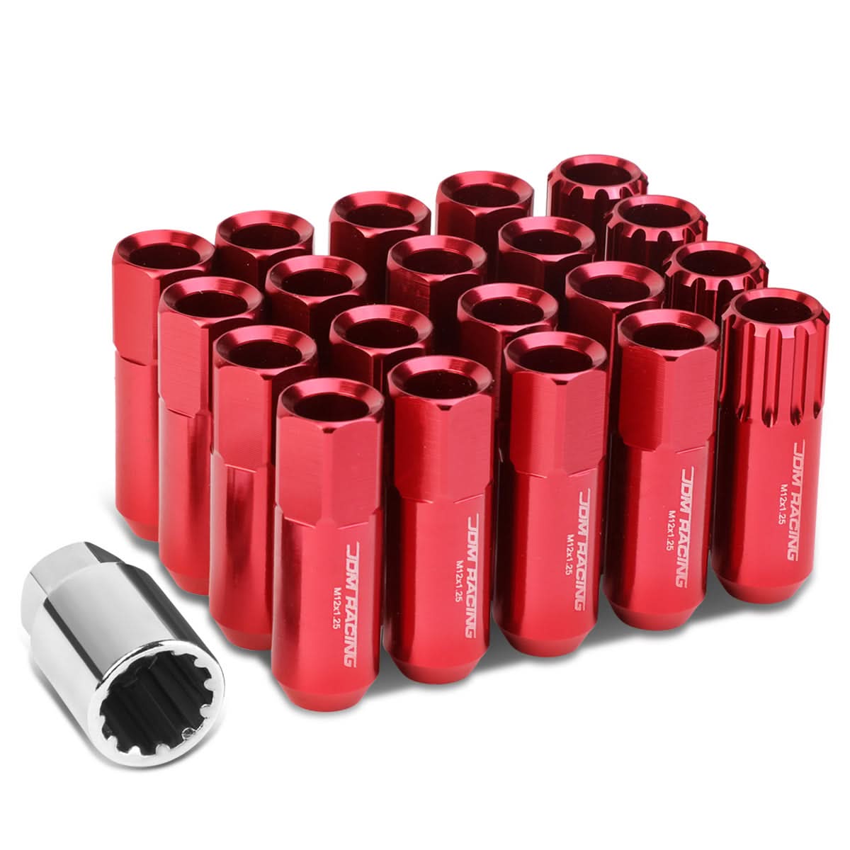 M12 x 1.25 Extended Aluminum Lug Nuts 60mm Red 16pc + 4 Locks