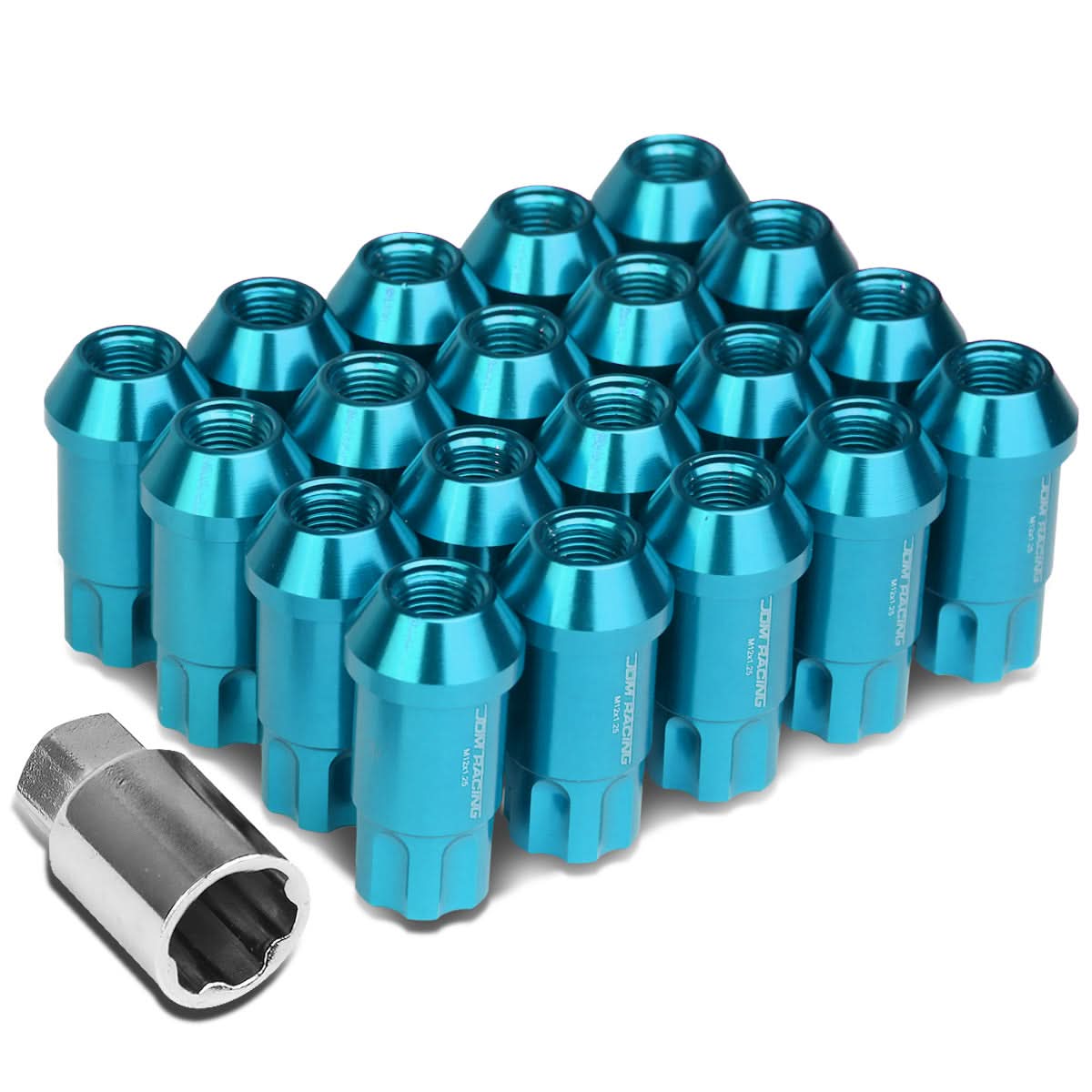 M12 x 1.25 Extended Aluminum Lug Nuts w/ Locks 20pc Set Light Blue