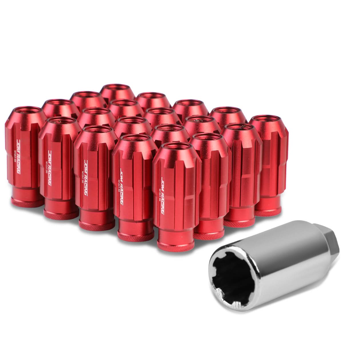 Aluminum Spline Lug Nuts M12 x 1.5 50mm Extended Open End 20pc Red