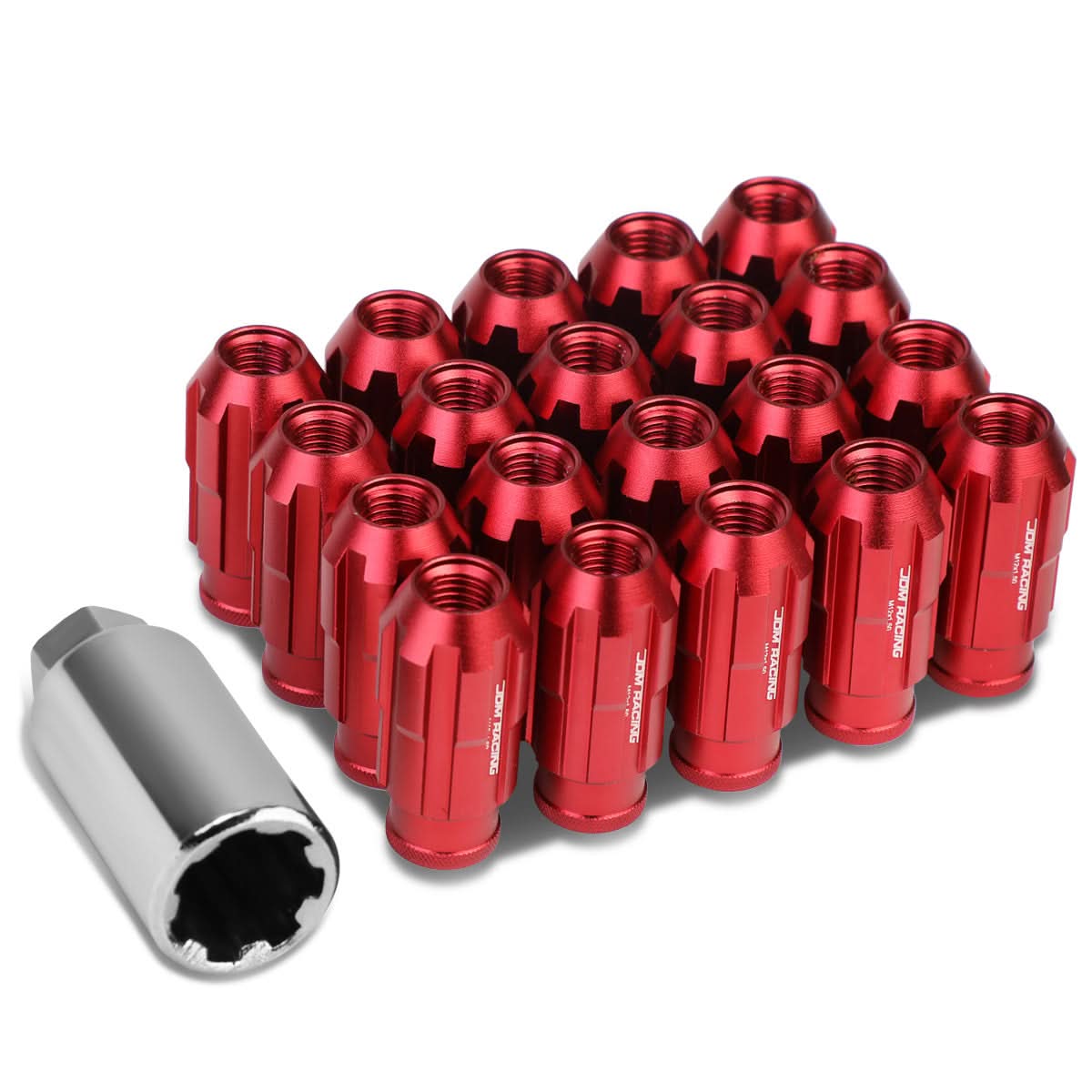 Aluminum Spline Lug Nuts M12 x 1.5 50mm Extended Open End 20pc Red
