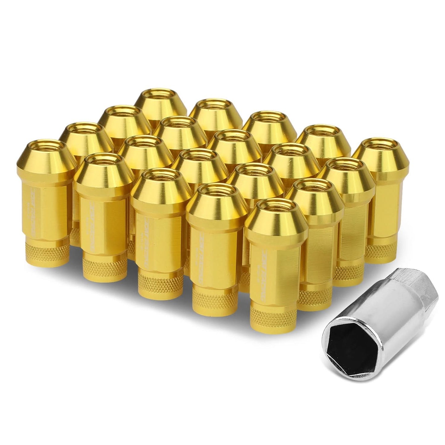 M12x1.25 Acorn Knurled Extended Lug Nuts 50mm Gold Aluminum 20pc