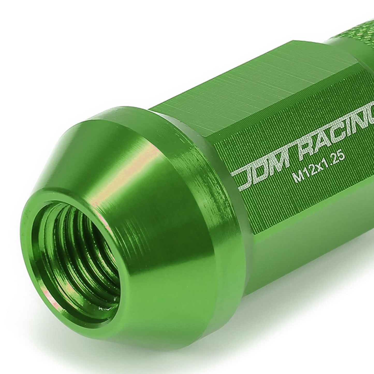 M12x1.25 Aluminum Lug Nuts - 50mm Extended Acorn Knurled - Green 20pc