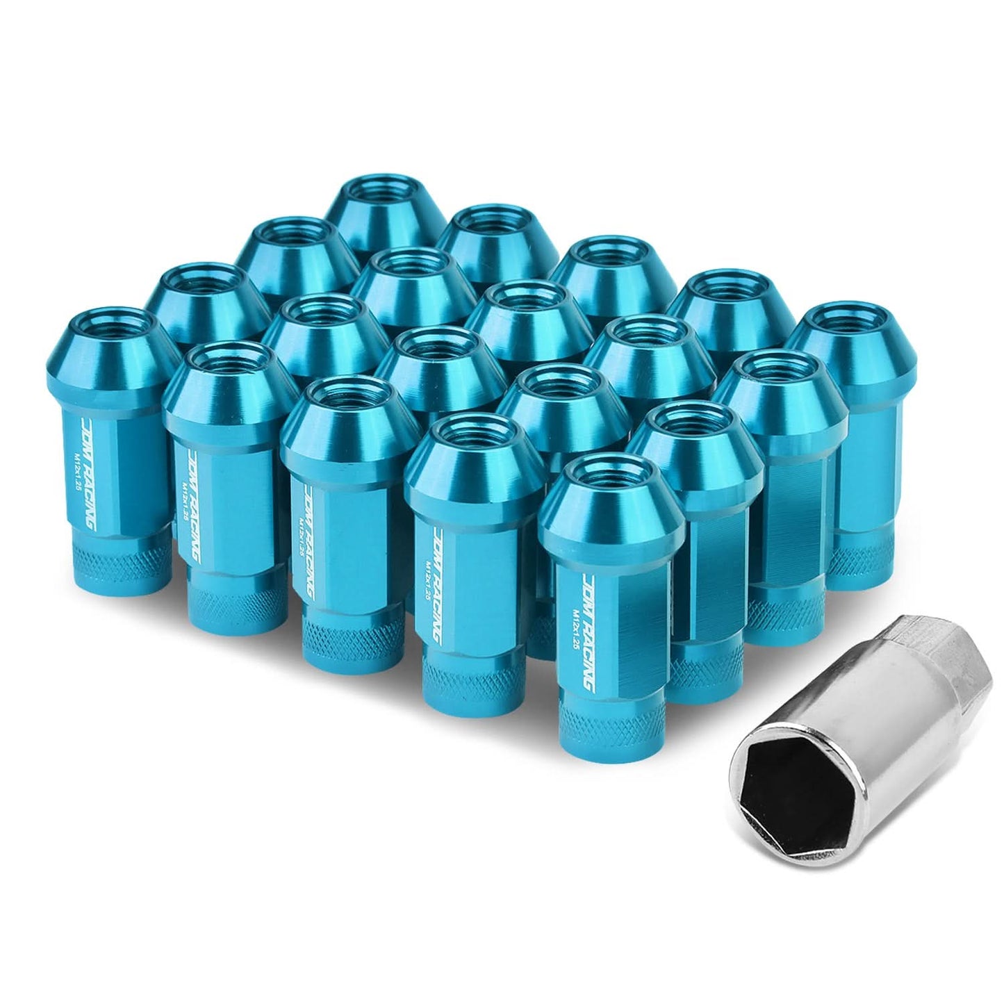 M12x1.25 Aluminum Acorn Lug Nuts 50mm Extended Open End 20pc Light Blue