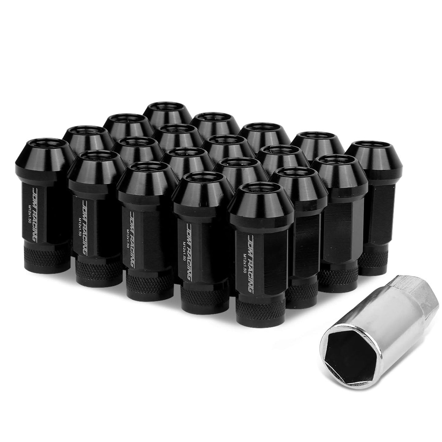 M12x1.5 Extended Acorn Knurled Lug Nuts 50mm Black Aluminum 20pc