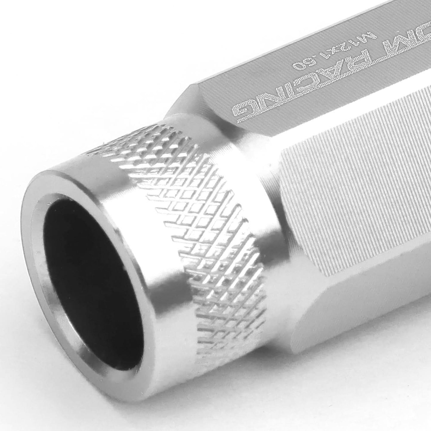 M12x1.5 Aluminum Lug Nuts - 50mm Extended Acorn Knurled - 20pc Silver
