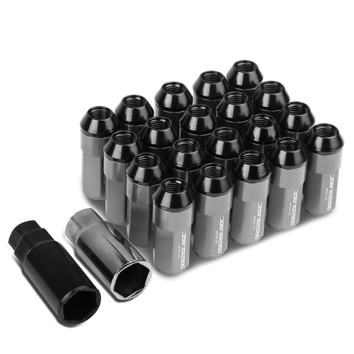 M12 x 1.25 Extended Steel Acorn Lug Nuts w/ Aluminum Cover Gun Metal 20pc