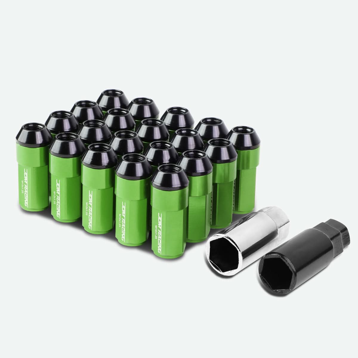 Extended Aluminum Lug Nuts M12 x 1.25 Green Steel Acorn 20pc Set
