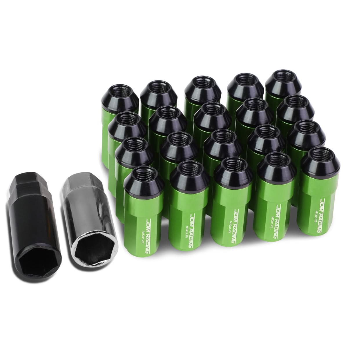 Extended Aluminum Lug Nuts M12 x 1.25 Green Steel Acorn 20pc Set