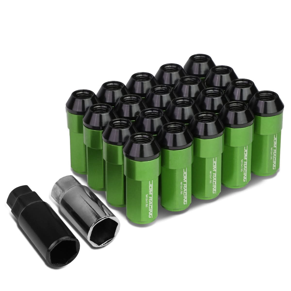 M12 x 1.5 Extended Aluminum Lug Nuts 20pc Set Green Acorn Steel