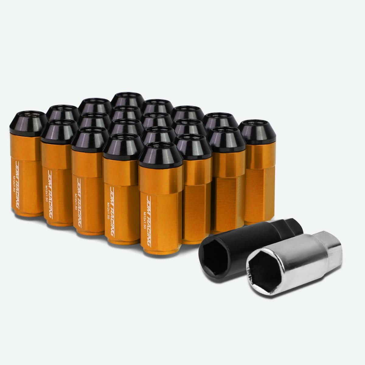M12 x 1.5 Extended Aluminum Lug Nuts 20pc Set Orange Steel Acorn