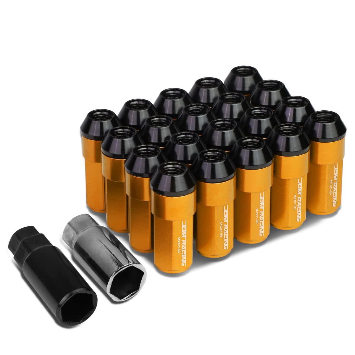 M12 x 1.5 Extended Aluminum Lug Nuts 20pc Set Orange Steel Acorn
