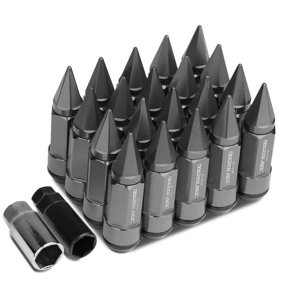 M12 x 1.5 Aluminum Lug Nuts w/ Steel Spike Extended 20pc Gun Metal