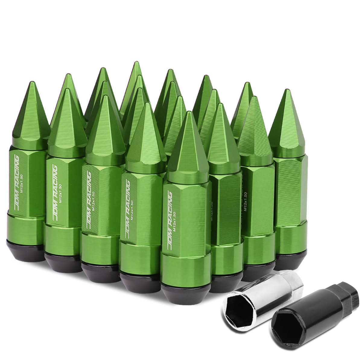M12 x 1.5 Extended Aluminum Lug Nuts w/ Removable Spike 20pc Green