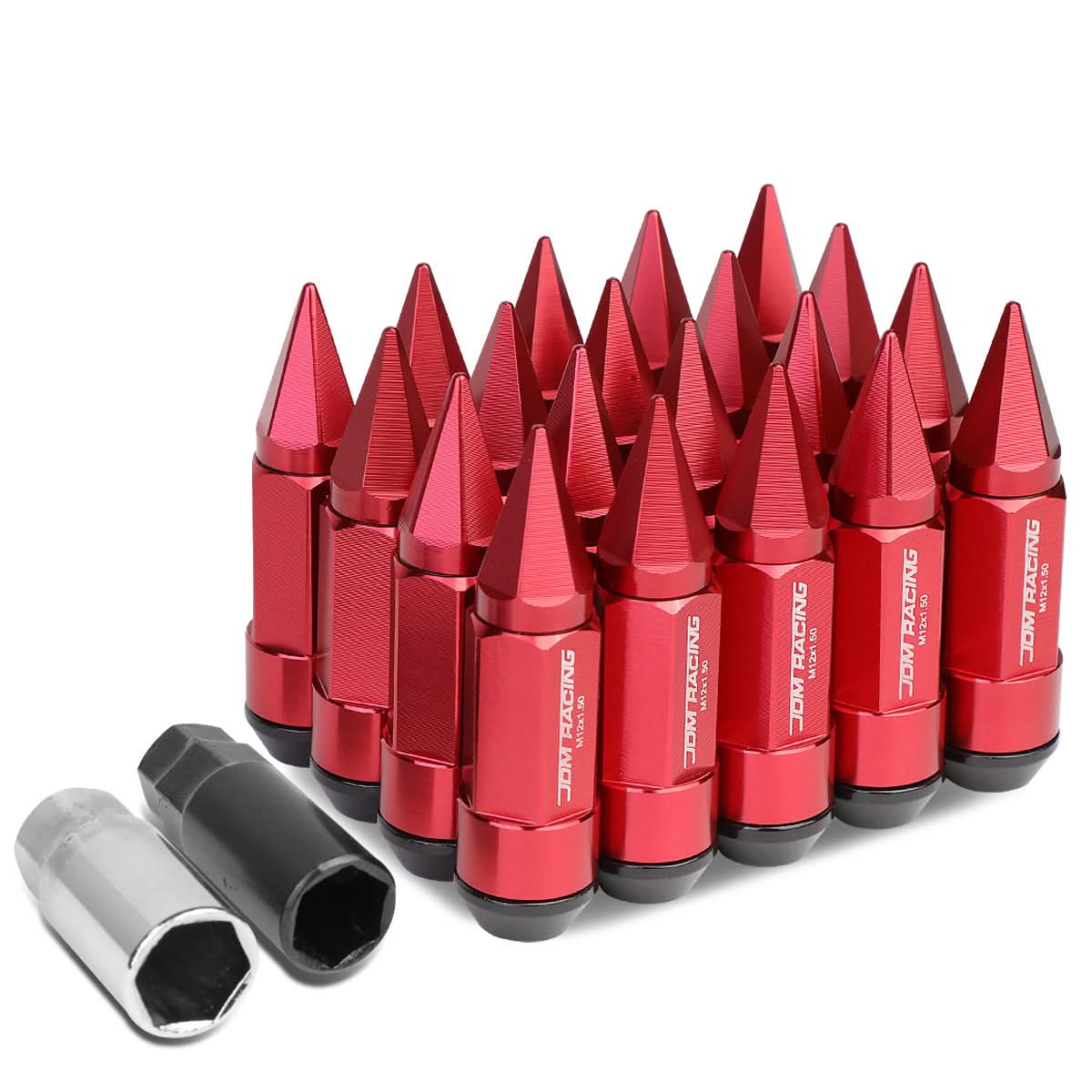 M12 x 1.5 Extended Spike Lug Nuts 20pc Set Red Aluminum