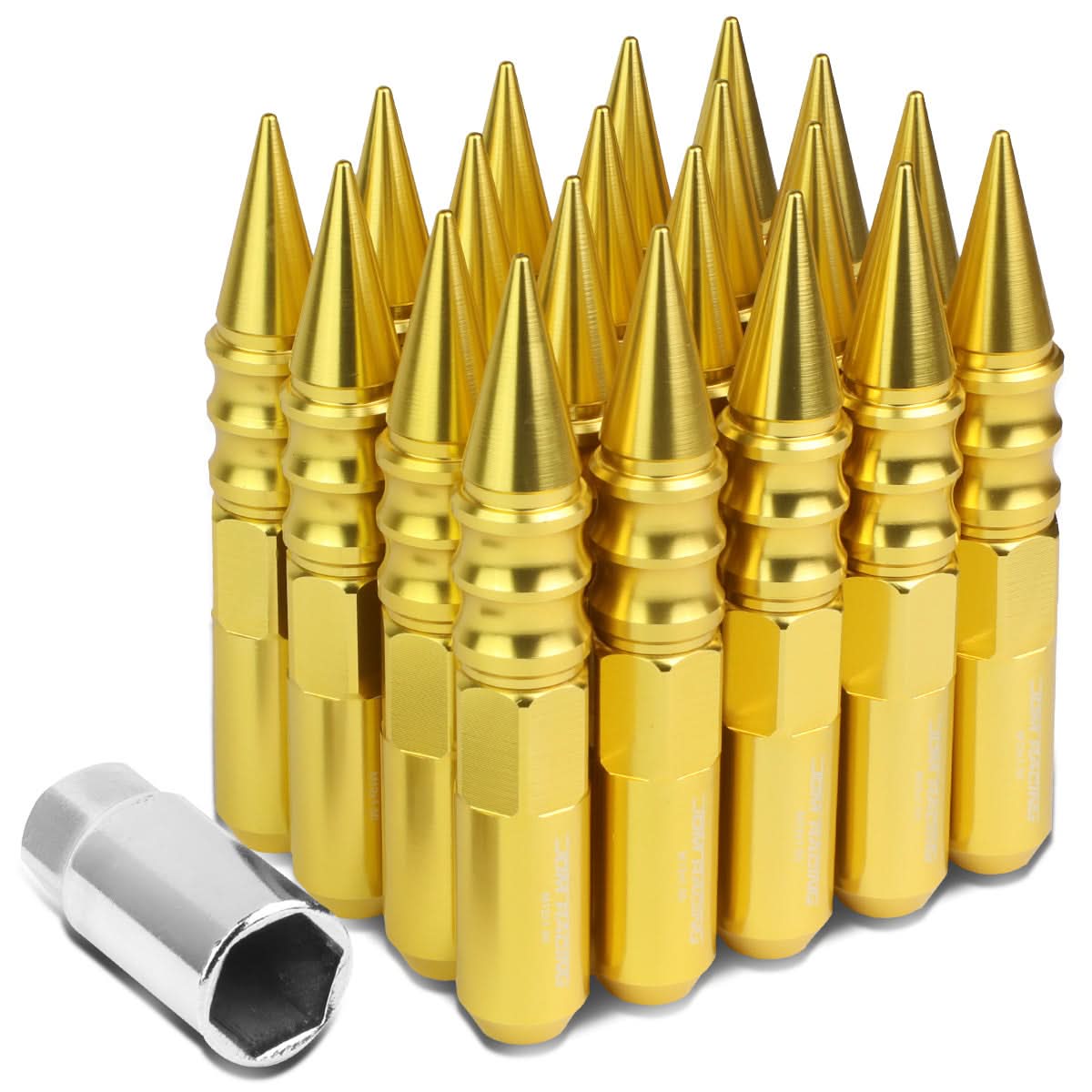 M12 x 1.5 60mm Extended Spike Lug Nuts 20pc Set Aluminum Gold