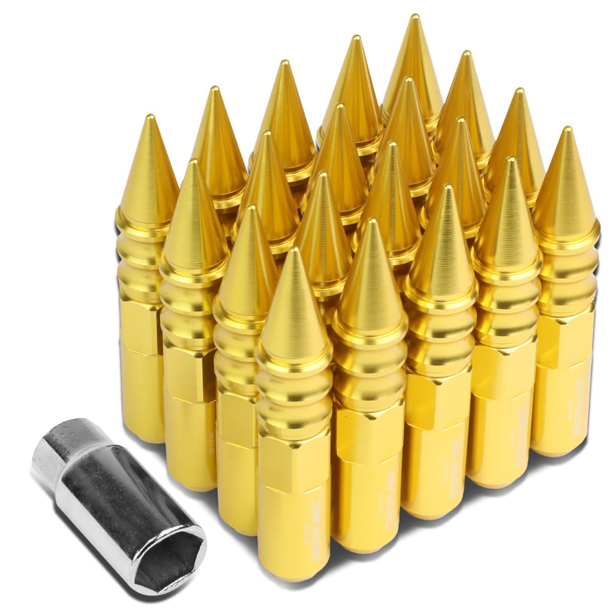 M12 x 1.5 60mm Extended Spike Lug Nuts 20pc Set Aluminum Gold