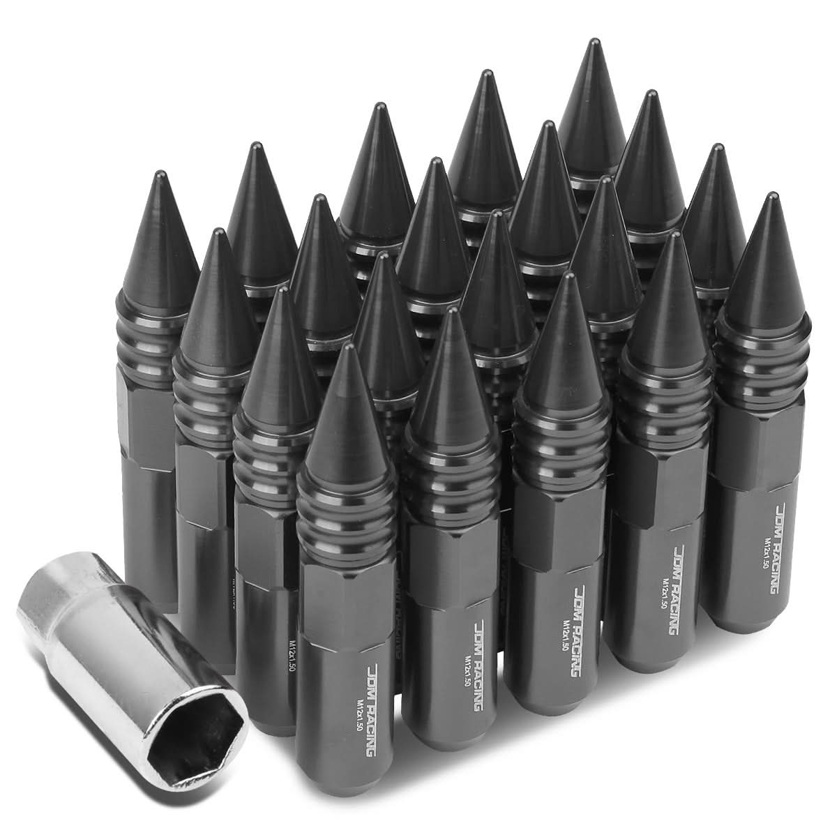 M12 x 1.5 Aluminum Lug Nuts 60mm Spike Style 20pc Set Gun Metal