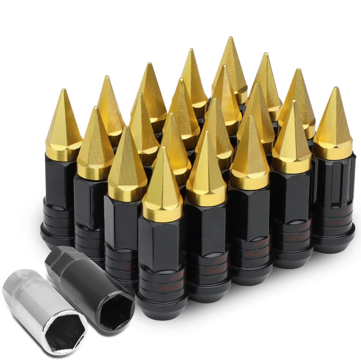 Steel Lug Nuts M12 x 1.5 Extended w/ Removable Gold Spike 16pcs + 4 Locks