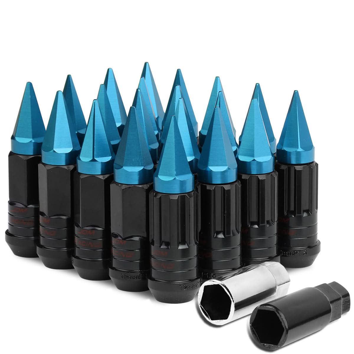 Steel Extended Grooved Lug Nuts w/ Removable Light Blue Spikes 16pc