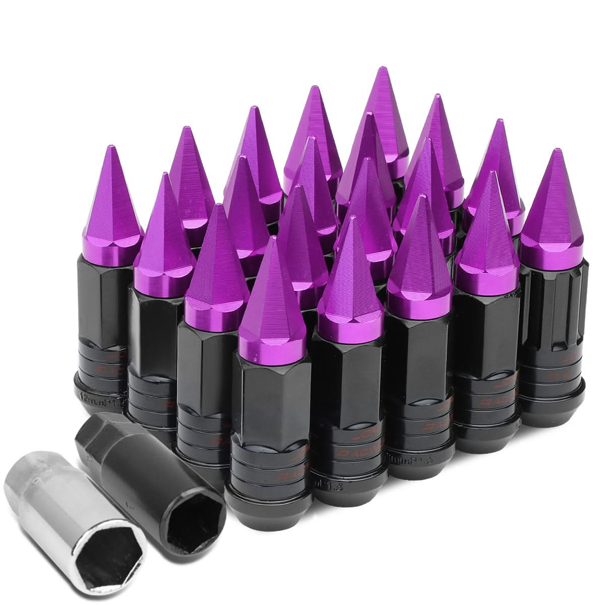 Steel Lug Nuts M12x1.5 45-75mm Extended Grooved Purple Spike 20pc
