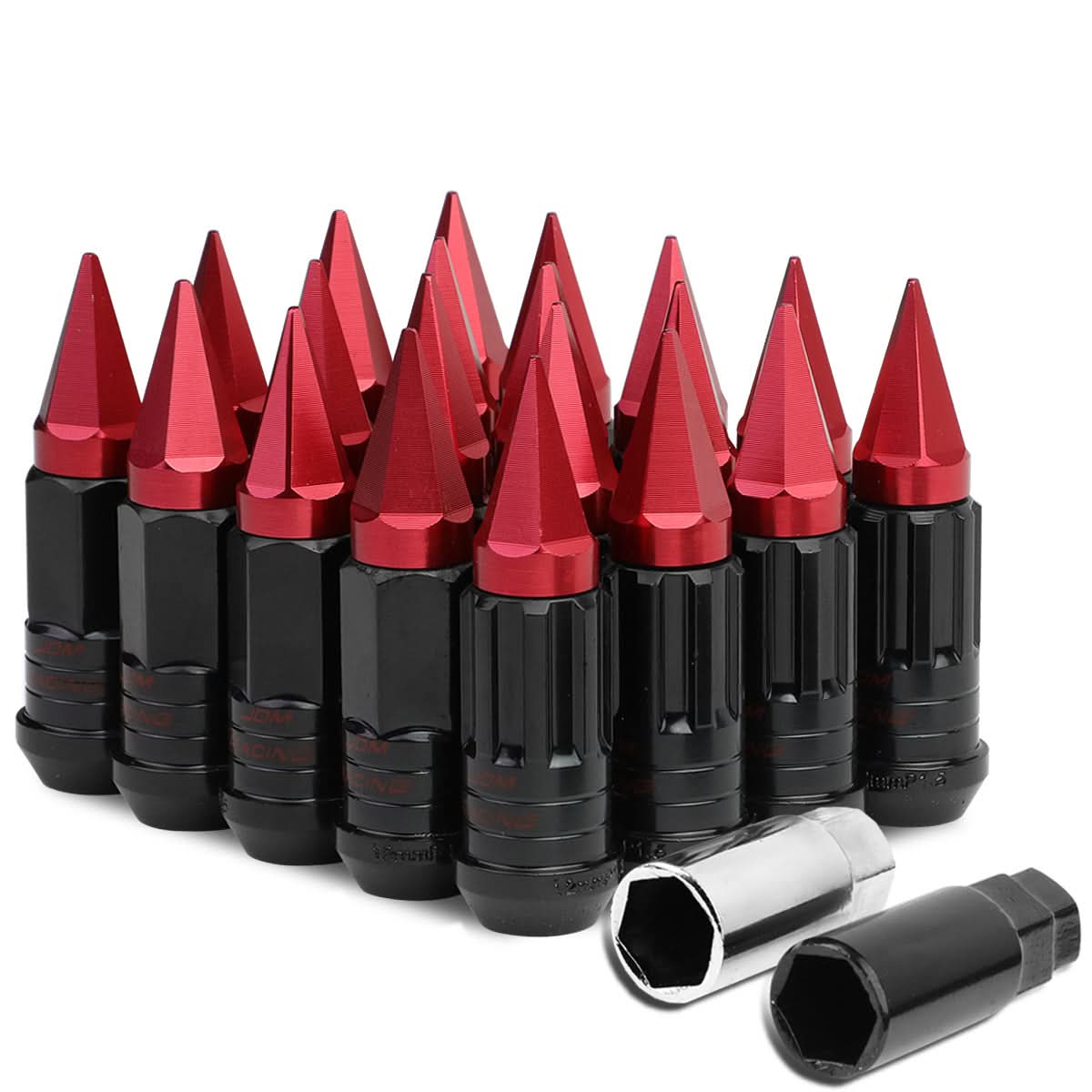 M12 x 1.5 Steel Lug Nuts w/ Red Spikes 16pc + 4 Locks Extended