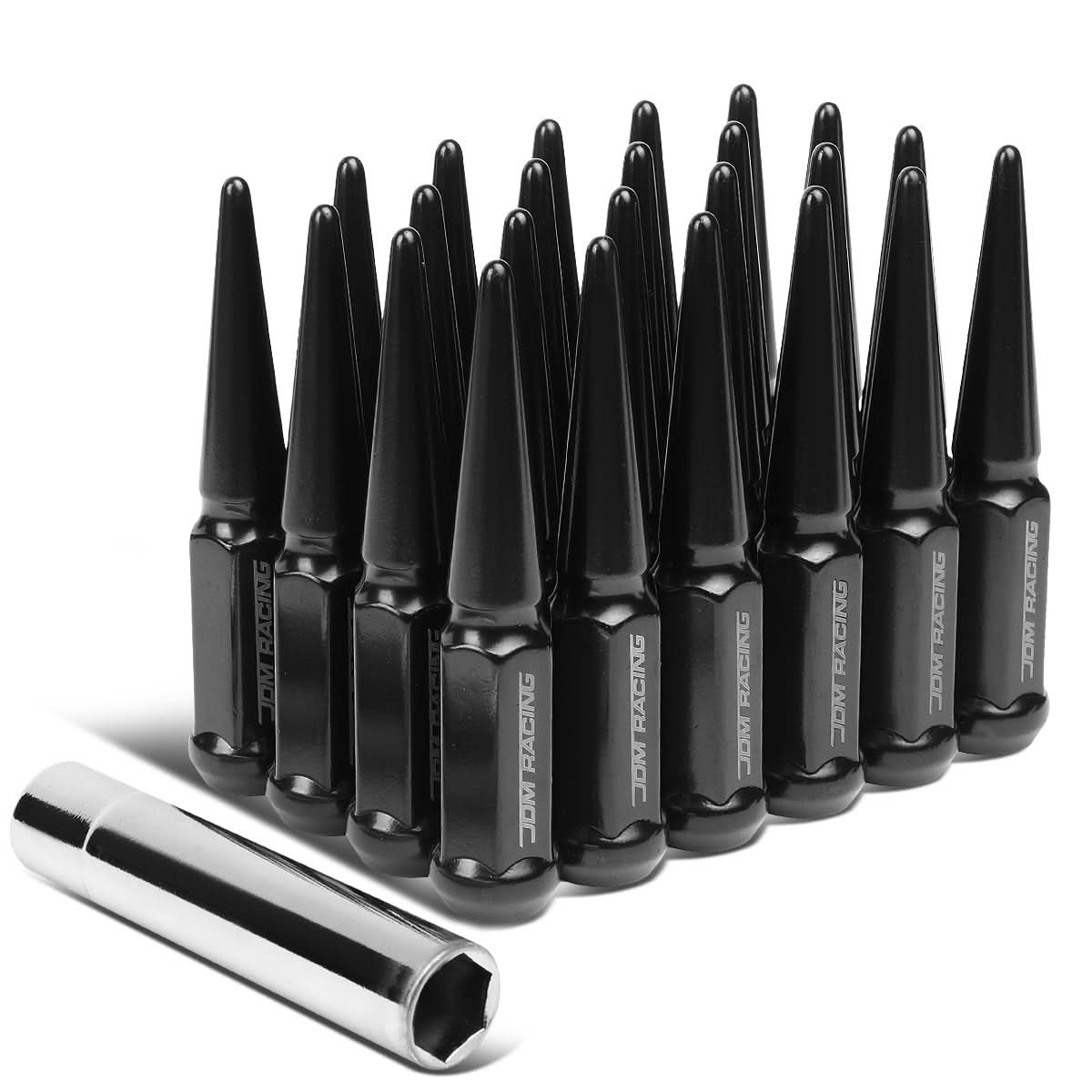 M14 x 1.5 Spike Lug Nuts 23mm OD 112mm Tall Black Steel 24 Pack