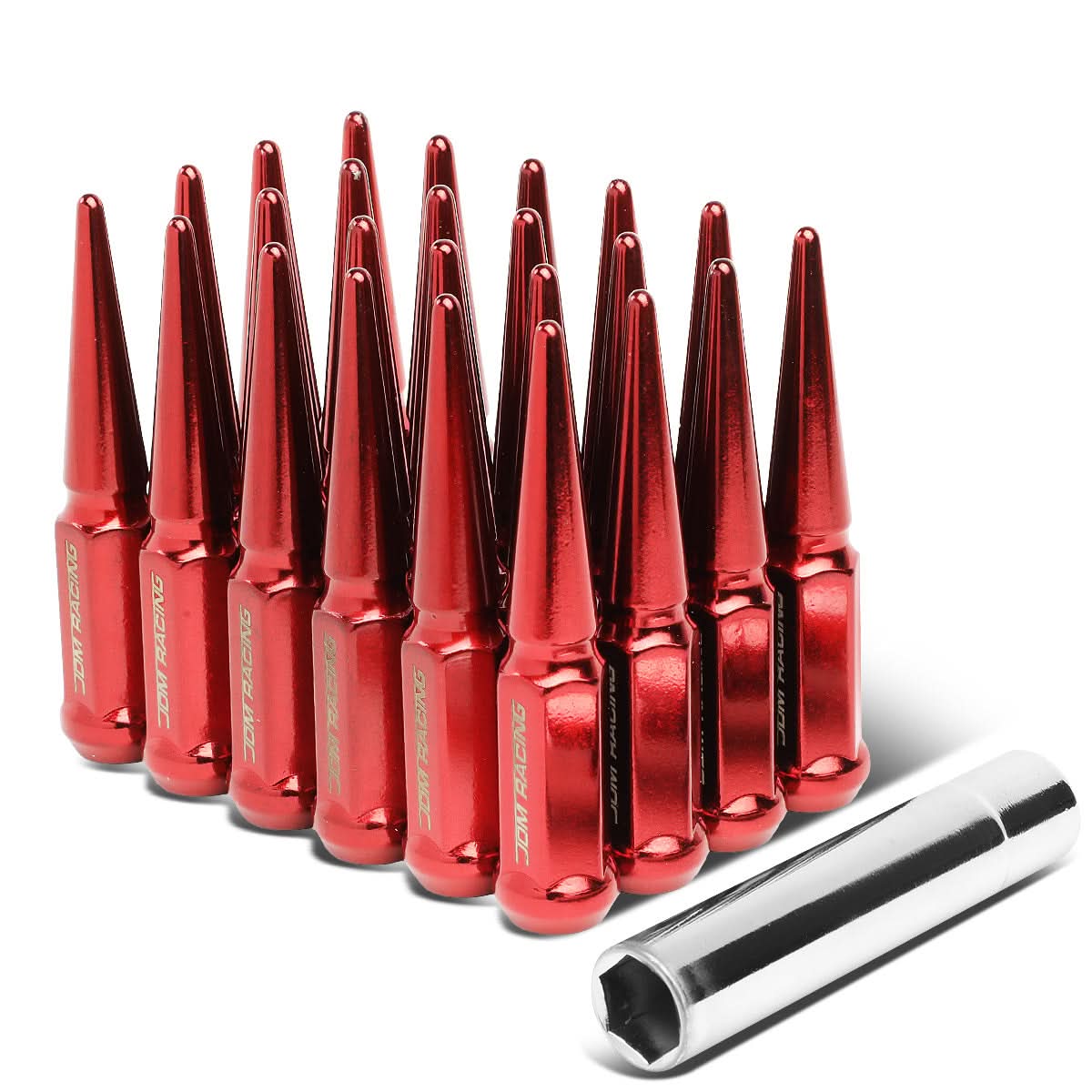 M14 x 1.5 Spike Steel Lug Nuts 23mm - 24 Pack with Lock Key Red