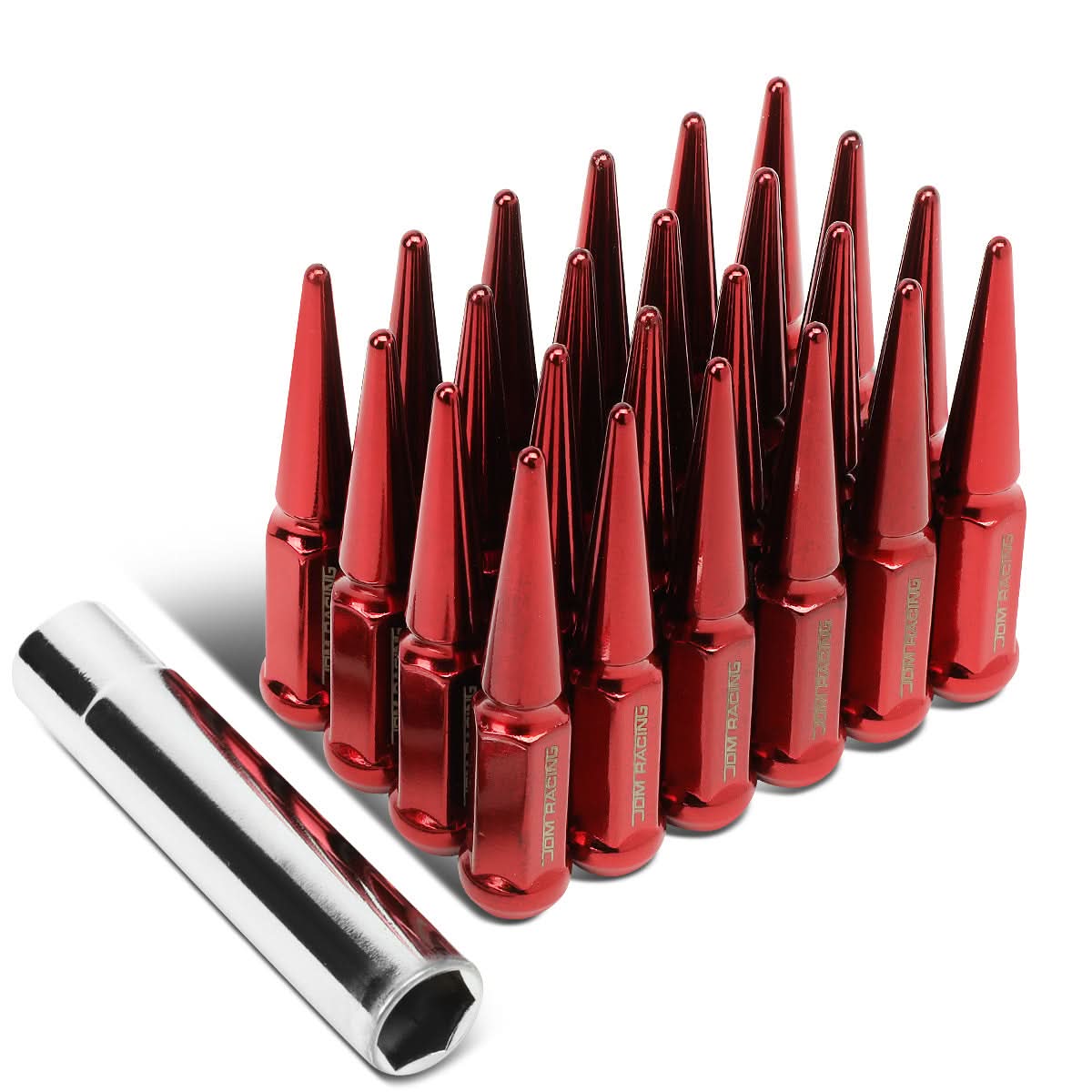 M14 x 1.5 Spike Steel Lug Nuts 23mm - 24 Pack with Lock Key Red